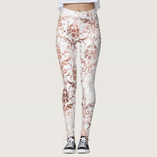Shabby Chic Roos Gold en White Distress Damask Leggings (Voorkant)