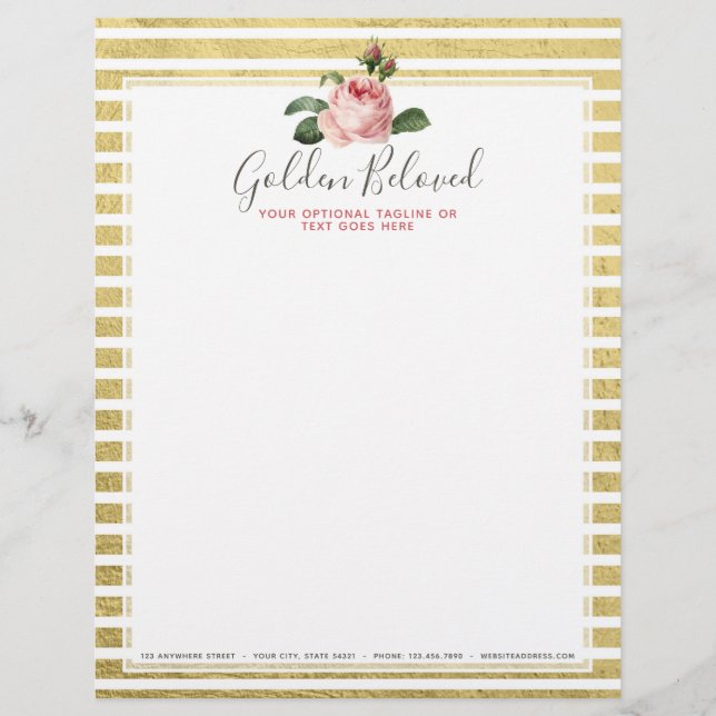 Shabby Chic Roos & Modern Girly Gold Stripes Briefhoofd (Voorkant)