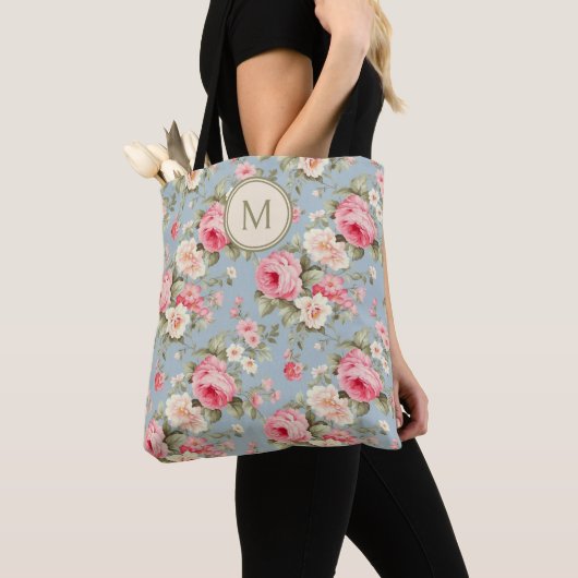 Shabby Chic Roze Bloem Monogram Tote Bag (Dichtbij)