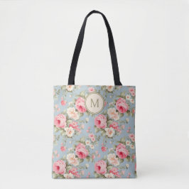 Shabby Chic Roze Bloemen Monogram Tote Bag
