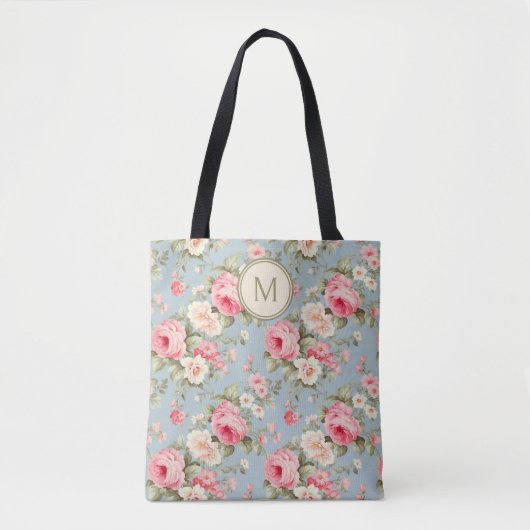 Shabby Chic Roze Bloemen Monogram Tote Bag (Voorkant)