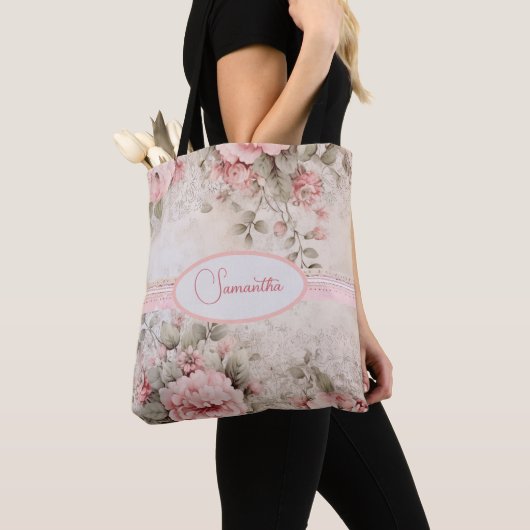 Shabby chic roze bloemenpatroon tote bag (Dichtbij)