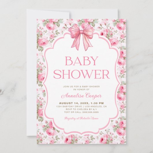 Shabby Chic Roze Bow Baby shower Kaart (Voorkant)
