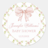 Shabby Chic Roze Bow Bloemen Baby Meisje Douche Ronde Sticker (Voorkant)