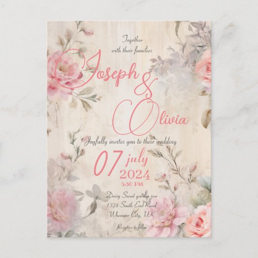  shabby chic roze bruiloft Briefkaart (Voorkant)