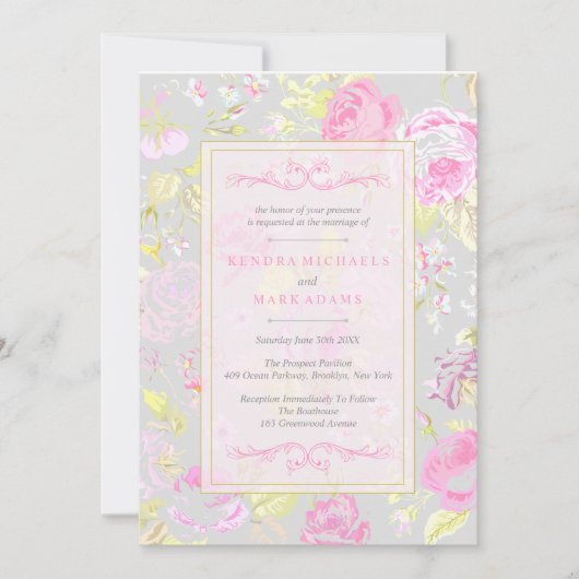 Shabby Chic, Roze & Grijze Huwelijksuitnodigingen Kaart (Voorkant)