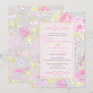 Shabby Chic, Roze & Grijze Huwelijksuitnodigingen Kaart
