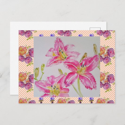 Shabby Chic roze lelie bloem bloemen geruite rozen Briefkaart (Voorkant / Achterkant)