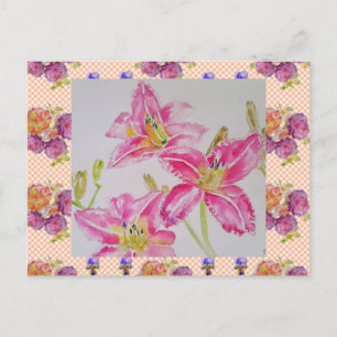 Shabby Chic roze Lily Floral Flowers Gingham Rozen Briefkaart