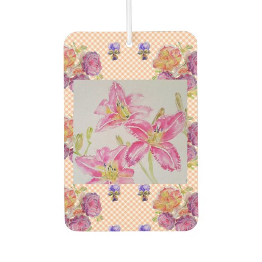 Shabby Chic roze Lily Floral Flowers Gingham Rozen Luchtverfrisser (Voorkant)