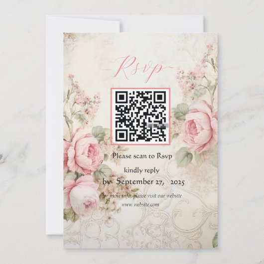  shabby chic roze met RSVP QR bruiloft Kaart (Achterkant)