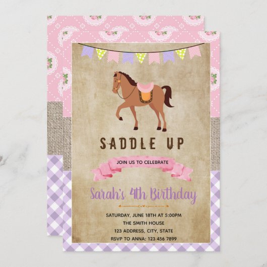 Shabby chic roze paard feest uitnodiging (Voorkant / Achterkant)