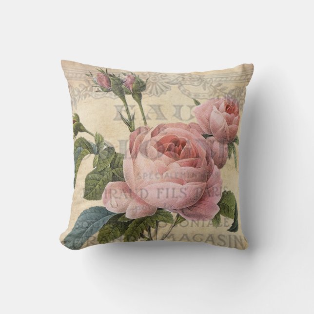Shabby chic,  roze roos, frans geïnspireerd kussen (Voorkant)