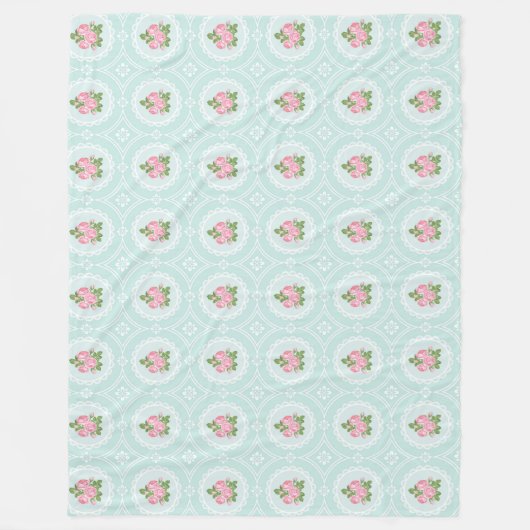 Shabby Chic roze Roses Blauwgroen Groot Fleece Deken (Voorkant)