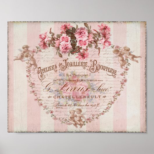 Shabby Chic Roze Roses Cupids Frans Script Poster (Voorkant)