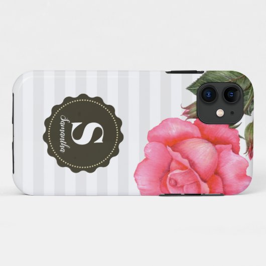 Shabby Chic roze Roses Grey White Stripes Pattern Case-Mate iPhone Case (Achterkant (horizontaal))