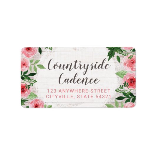 Shabby Chic roze Roses op Rustisch landhout Etiket (Voorkant)