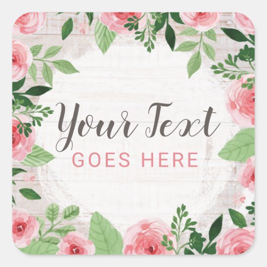 Shabby Chic roze Roses op Rustisch landhout Vierkante Sticker (Voorkant)