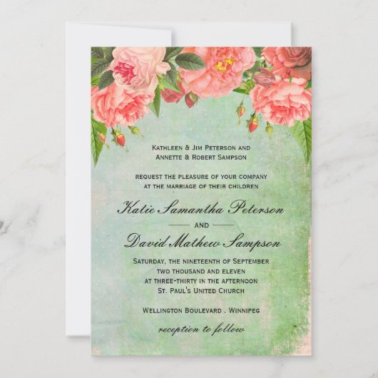 Shabby Chic roze Roses Wedding Invitation Kaart (Voorkant)