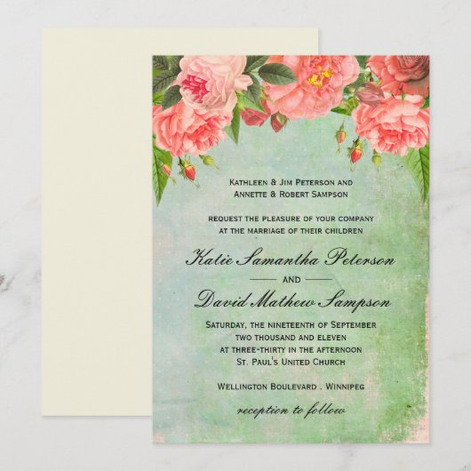 Shabby Chic roze Roses Wedding Invitation Kaart (Voorkant / Achterkant)
