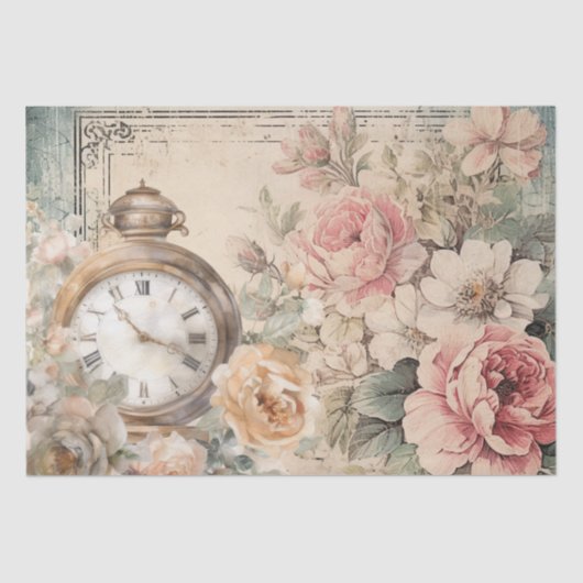 Shabby Chic  Roze Rozen Antiek klok Tissuepapier (Voorkant)