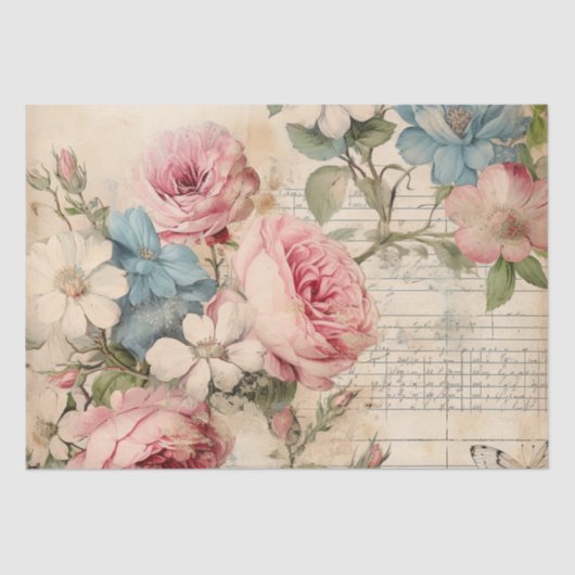 Shabby Chic  Roze Rozen Blauw Wit Bloemen Tissuepapier (Voorkant)