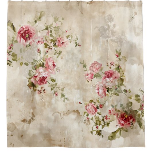 Shabby Chic Roze Rozen Douchegordijn (Voorkant)
