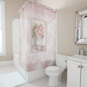 Shabby Chic Roze Rozen in Vase Douchegordijn (In situ)