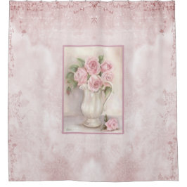 Shabby Chic Roze Rozen in Vase Douchegordijn
