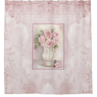 Shabby Chic  Roze Rozen in Vase Douchegordijn