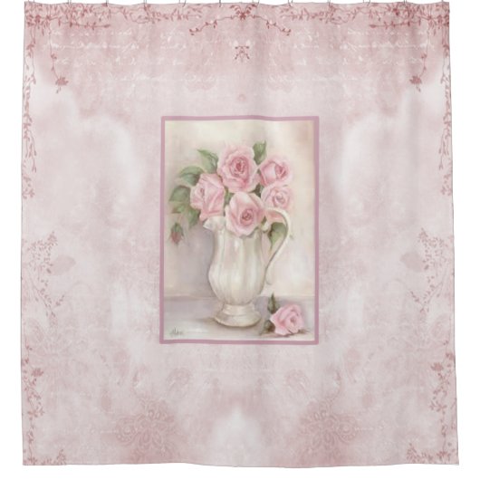 Shabby Chic Roze Rozen in Vase Douchegordijn (Voorkant)
