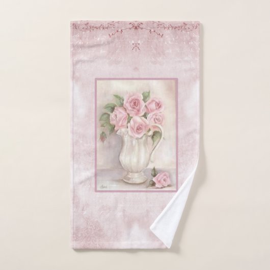 Shabby Chic Roze Rozen in Vase Handdoek (Handdoek)
