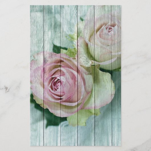 Shabby Chic roze rozen op blauw hout Briefpapier (Voorkant)