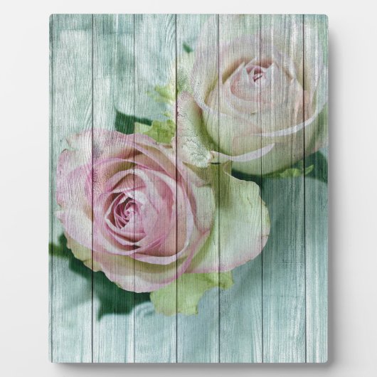 Shabby Chic roze rozen op blauw hout Fotoplaat (Voorkant)