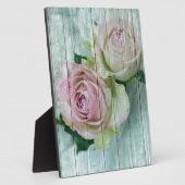 Shabby Chic roze rozen op blauw hout Fotoplaat (Zijkant)