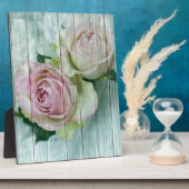 Shabby Chic roze rozen op blauw hout Fotoplaat (Zijkant)