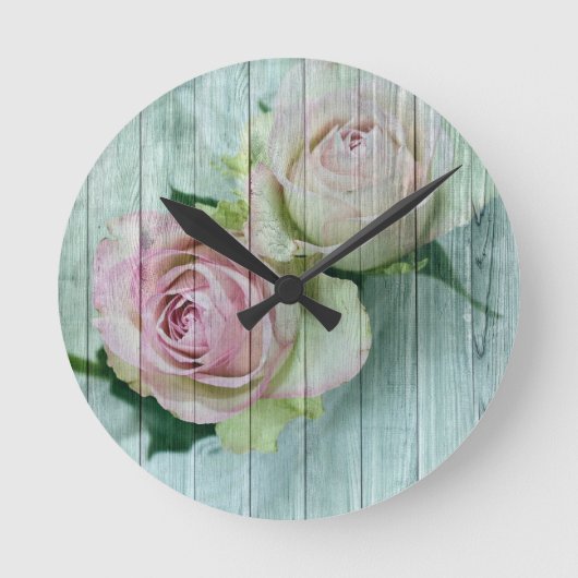 Shabby Chic roze rozen op blauw hout Ronde Klok (Voorkant)