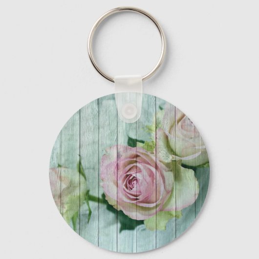 Shabby Chic roze rozen op blauw hout Sleutelhanger (Voorkant)