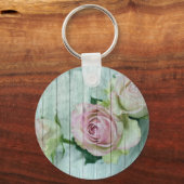 Shabby Chic roze rozen op blauw hout Sleutelhanger (Voorkant)