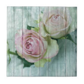 Shabby Chic roze rozen op blauw hout Tegeltje (Voorkant)