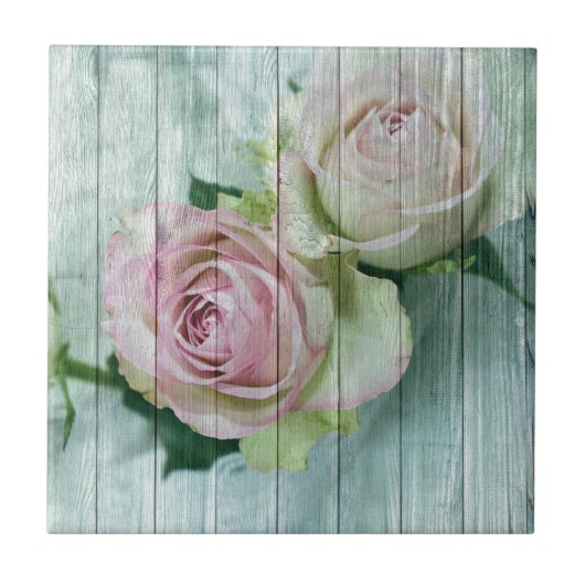 Shabby Chic roze rozen op blauw hout Tegeltje (Voorkant)