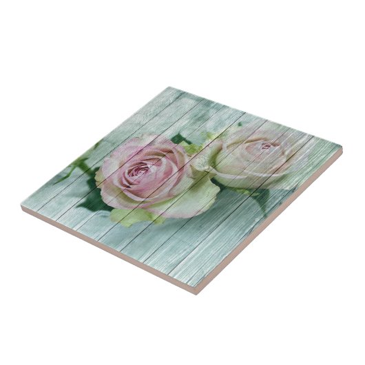 Shabby Chic roze rozen op blauw hout Tegeltje (Zijkant)