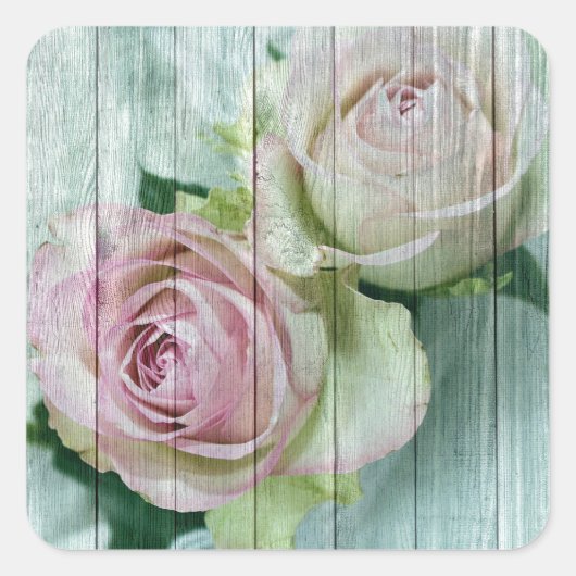 Shabby Chic roze rozen op blauw hout Vierkante Sticker (Voorkant)