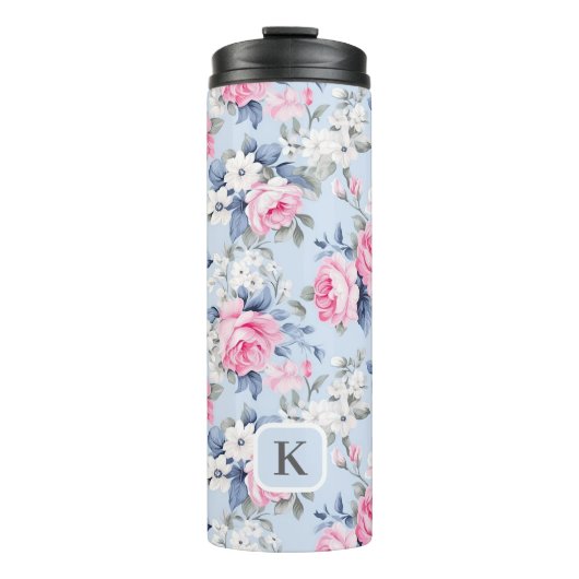 Shabby chic roze rozen wit bloemen patroon thermosbeker (Voorkant)