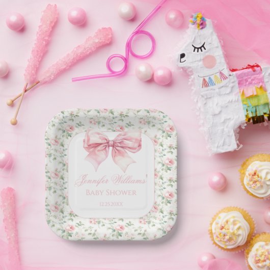 Shabby chic roze strik bloemenbaby meisje douche papieren bordje (Feest)