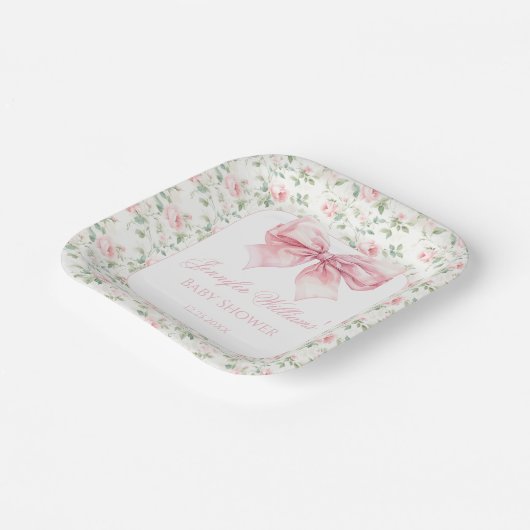 Shabby chic roze strik bloemenbaby meisje douche papieren bordje (Gebogen)