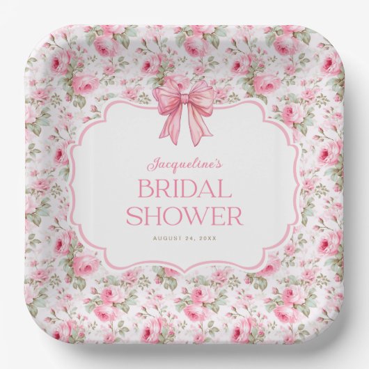 Shabby Chic Roze Strik Bruidsdouche Papieren Bordje (Voorkant)