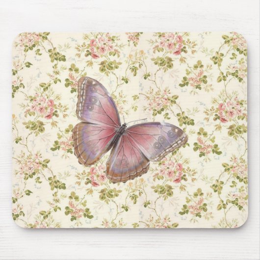 Shabby Chic Roze Vlinder Bloemig Muismat (Voorkant)