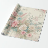 Shabby Chic Roze Zachgroene Boho Bloemige Roos Cadeaupapier (Uitgerold)