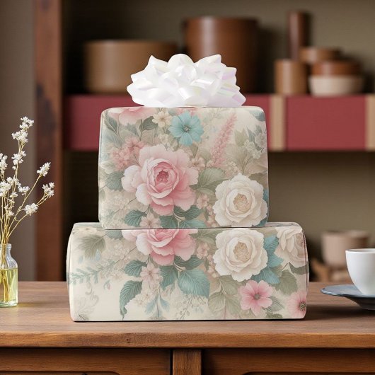 Shabby Chic Roze Zachgroene Boho Bloemige Roos Cadeaupapier